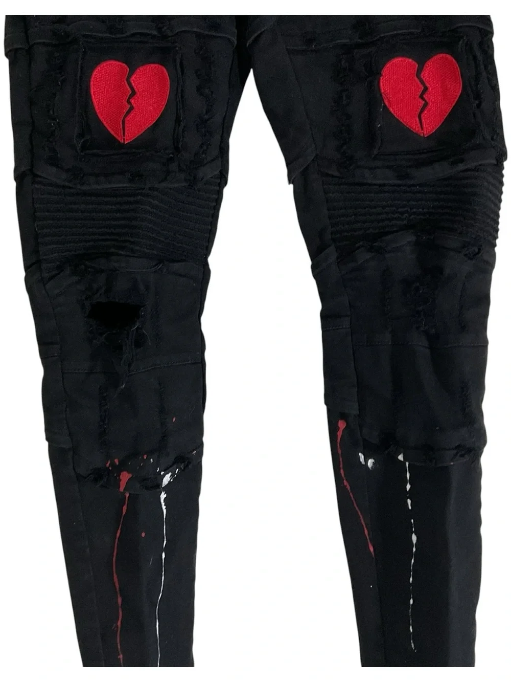 Focus Men’s 34x30 Moto Skinny Jeans Broken Heart Paint Splatter Distressed Black
